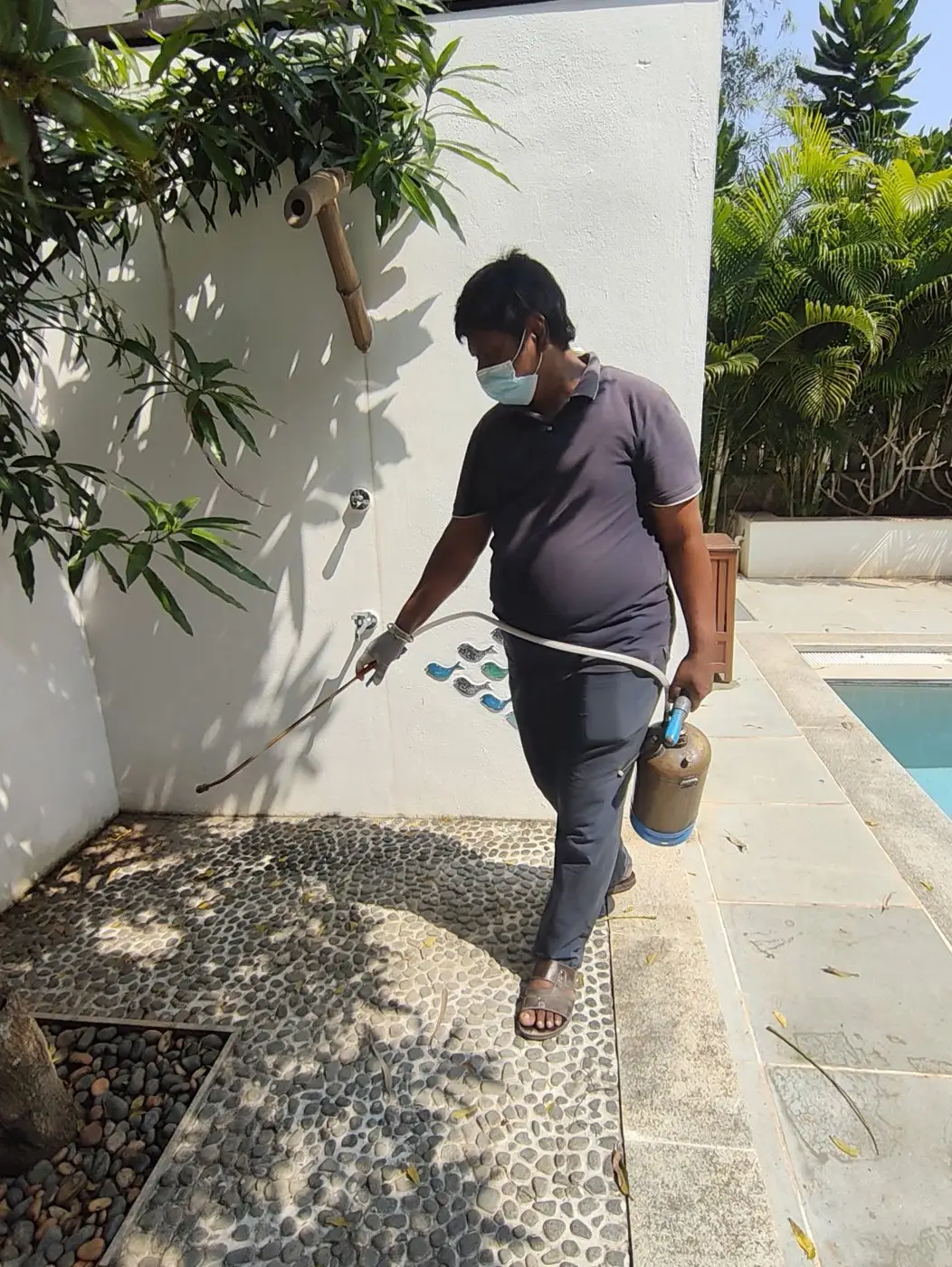 Welcare Pest Expertz technician with a sprayer treating the perimeter of a home near Chennai